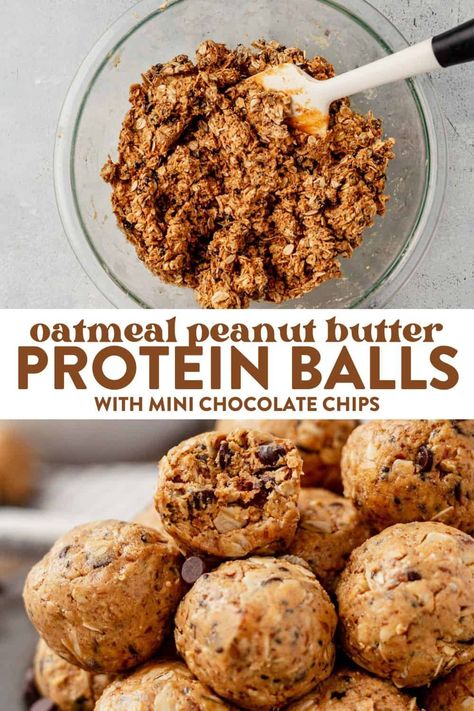 Oatmeal peanut butter protein balls are the perfect healthy snack, breakfast on-the-go, or tasty addition to school lunches. These little protein bites come together with just a few ingredients and don't require any baking! Kodiak Protein Balls Recipe, Peanut Butter Protein Balls With Protein Powder, High Protein Peanut Butter Balls, Peanut Butter Oatmeal Protein Balls, Oatmeal Peanut Butter Protein Balls, Oatmeal Protein Balls, Dieting Meals, Protein Energy Bites, Peanut Butter Protein Balls