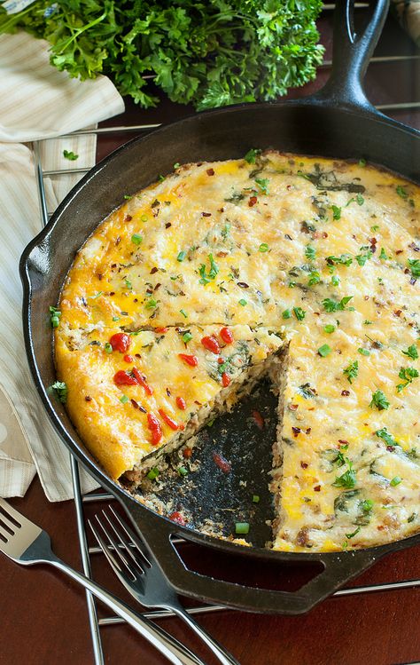 Skillet Sausage, Egg, and Cheese Grits Breakfast Bake Recipe Iron Skillet Breakfast Recipes, Baked Grits, Sausage Grits, Iron Skillet Breakfast, Eggs Casserole, Breakfast Casserole With Sausage, Breakfast Energy, Casserole With Sausage, Grits Breakfast