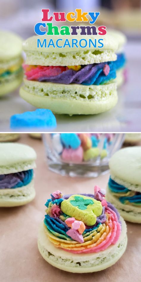 Lucky Charms Macarons, Fun Macaron Flavors, Cereal Macarons, Lucky Charms Dessert, Patrick Day Decorations, Lucky Charms Recipes, Holiday Macarons, Easter Macarons, French Macaroon Recipes