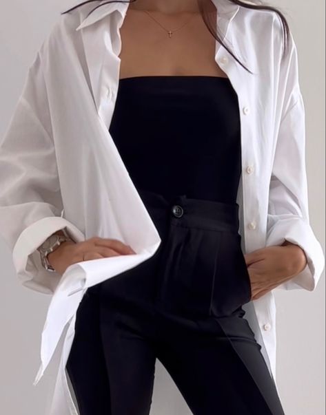 White Button Up With Black Pants, Black Jeans White Button Up, Tube Top Over Button Up Shirt Outfit, White Button Up And Black Pants, Black Pants White Button Up, Tube Top With Jacket, Black Trousers White Shirt Outfit, White Top Black Bottom Outfit, Tube Top Outfit With Jacket