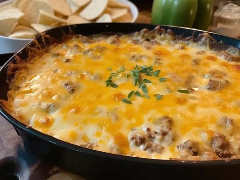 Cheesy Hissy Fit Dip Hissy Fit Dip Recipes, Cheesy Hissy Fit Dip, Hissy Fit Dip, Hissy Fit, Sage Sausage, Velveeta Cheese, Sliced Baguette, Monterey Jack Cheese, Sour Cream