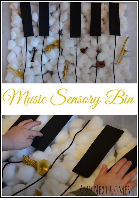 Music sensory bin for kids that focuses on instrument learning from And Next Comes L Music Sensory Bin, Music Crafts For Toddlers, Preschool Music Theme, Music Activities For Kids, Toddler Sensory Bins, Preschool Sensory, Music For Toddlers, Online Piano Lessons, Music Lessons For Kids