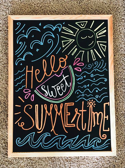 Patio Chalkboard Signs, May Blackboard Ideas, Summer Sandwich Board Sign, Store Chalkboard Sign Ideas Summer, Chalkboard Marker Art Ideas, Pool Chalkboard Art, End Of Summer Chalkboard Art, Colorful Chalkboard Art, Watermelon Chalkboard Art