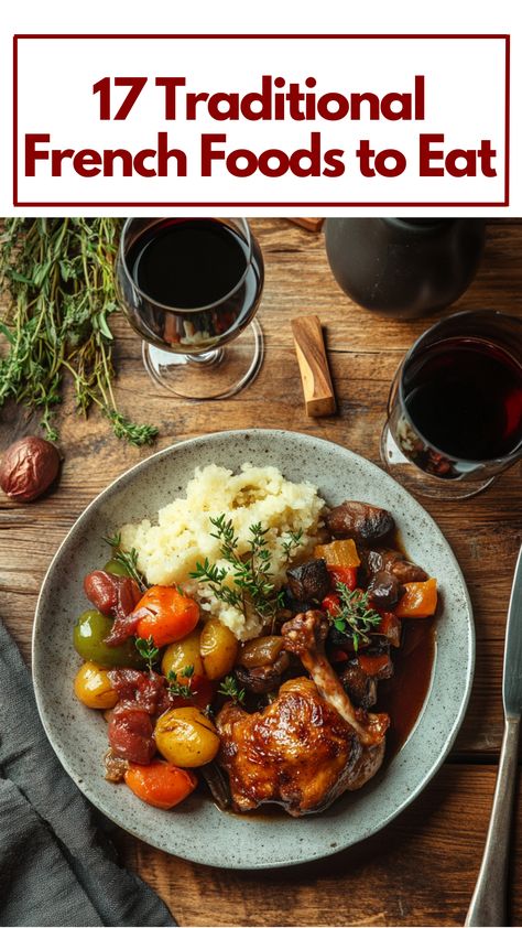 A plate of traditional French dishes, including Coq au Vin and Ratatouille, presented on a rustic dining table. Classic French Dinner Recipes, Everyday French Food, Sharing Plates Food, Classic French Dishes Dinners, French Cousine Recipes, International Foods Recipes, French Christmas Food Traditional, Fancy French Dinner Recipes, Easy French Cuisine Recipes