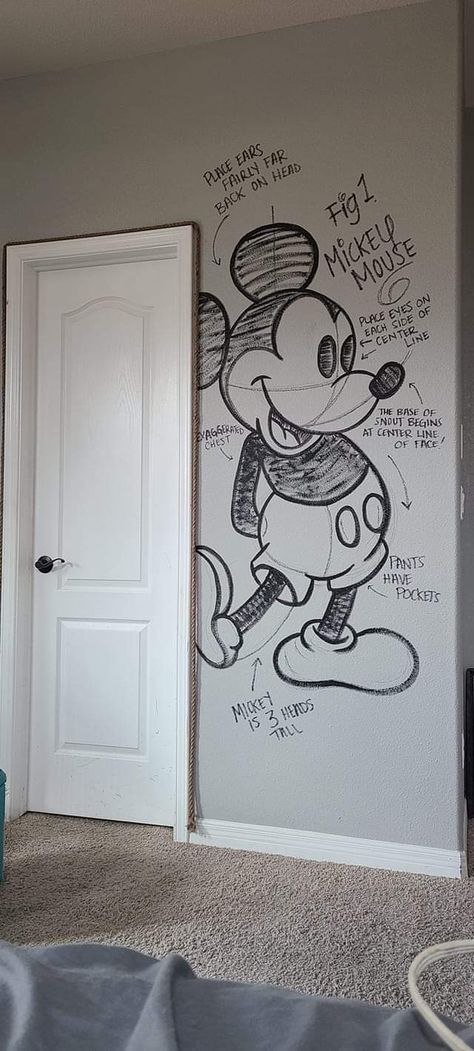 Mickey Mouse Wall Mural, Disney Room Design, Mickey Mouse Themed Bedroom, Disney Picture Wall Ideas, Disney Room Painting, Disney Boys Bedroom, Disney Rv Decor, Subtle Disney Room Decor, Mickey Room Decor