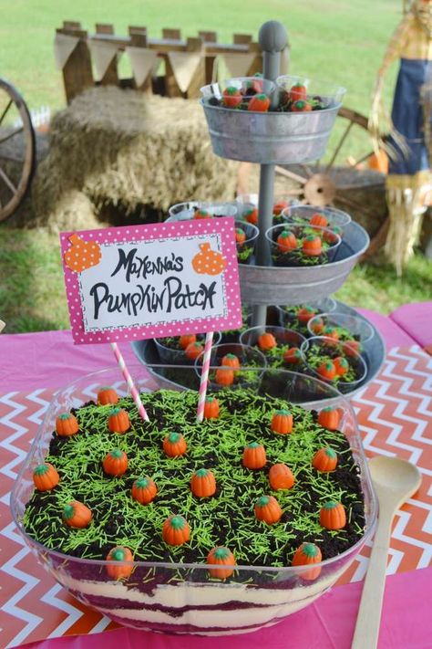 Makenna's Pumpkin Patch ~ 1st Birthday Party | CatchMyParty.com Dirt Pudding Pumpkin Patch, Fun Fall Birthday Party Ideas, Pumpkin Theme Food Ideas, Thanksgiving Theme Birthday Party, Harvest 1st Birthday Party, Fall Festival Birthday Party, Pumpkin Patch 1st Birthday, Beans Dessert, Fall Themed Birthday Party