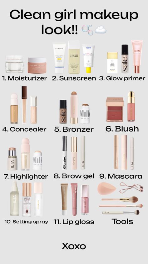 #cleangirl #cleangirlmakeup #makeup #makeuplook #cleangirlaesthetic Back To University, Back To School Makeup, Clean Girl Makeup, Girl Essentials, Glow Primer, School Makeup, Makeup To Buy, Milk Makeup, Makeup For Beginners