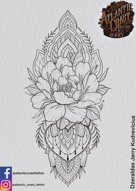 Tattoo idea for girls, by Dzeraldas Jerry Kudrevicius, peony flower with ornamental blackwork. Mandala tattoo idea drawing for thigh, arm, forearm. Atlantic Coast Tattoo Forearm Mandala Tattoo Design, Mandala And Flower Tattoo Design, Lotus Mandala Tattoo Forearm, Peonies Mandala Tattoo, Peony Mandala Tattoo, Mandala Shin Tattoo, Mandala Flower Tattoo Design, Mandala Forearm Tattoo, Flower Mandala Tattoo