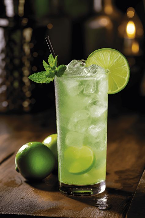 This pin showcases a delicious Lime Fizz cocktail made with gin and lime juice. Perfect summer refreshment with a mint sprig garnish, ideal for gatherings. Lime Drinks Cocktails, Lime Cocktails, Mocktails Recipes, Fizz Drinks, Lime Wedding, Bartender Cocktail, Fizz Cocktail, Home Bartender, Cold Outfit