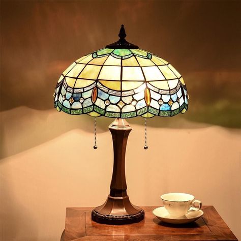 Tiffany Table Lamp Stained Glass Victorian Style Bedside Lamp Blue Baroque Reading Desk Light 16X16X23 Inches Decor Nightstand Bedroom Living Room Home Office 【Classic Design】 This Tiffany table lamp features a stained glass shade vase base body, a dark… Glass Tiffany Lamp, Vitage Lamps, Office Decor Lighting, Vintage Lamps Bedroom, Stained Glass Ceiling Lamp, Antique Glass Lamp, Cute Vintage Lamps, Cool Desk Lamps, Vintage Lamps Antiques