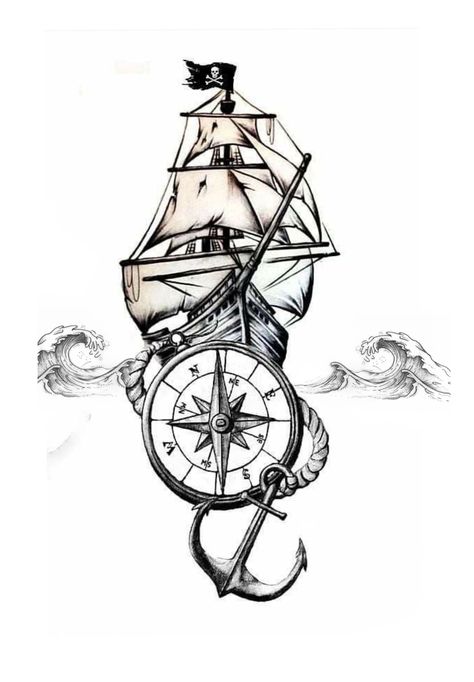 Compass Ink Drawing, Ship And Compass Tattoo Design, Anchor Ship Tattoo, Compass Ship Tattoo, Anchor And Compass Tattoo For Men, Drawing Pirate Ship, Ship Anchor Drawing, Pirates Ship Tattoo, Pirate Ships Drawings