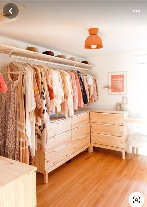 Small Walk In Closet Remodel Diy, Room To Walk In Closet Diy, Simple Closet Room, Simple Walk In Wardrobe Ideas, Boho Walk In Wardrobe, Simple Diy Walk In Closet, Wardrobe Room Ideas Diy, Boho Wardrobe Closet, Walk In Closet Workout Room