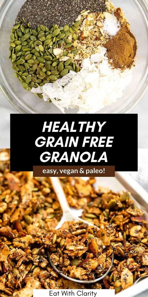 Natural Granola Recipes, Vegan Gluten Free Granola, Grain Free Dairy Free Meals, Grain Free Gluten Free Recipes, Whole 30 Granola Recipe, No Oat Granola Recipe, Best Vegan Granola, Paleo Granola Recipe Homemade, Granola Recipe Without Oats