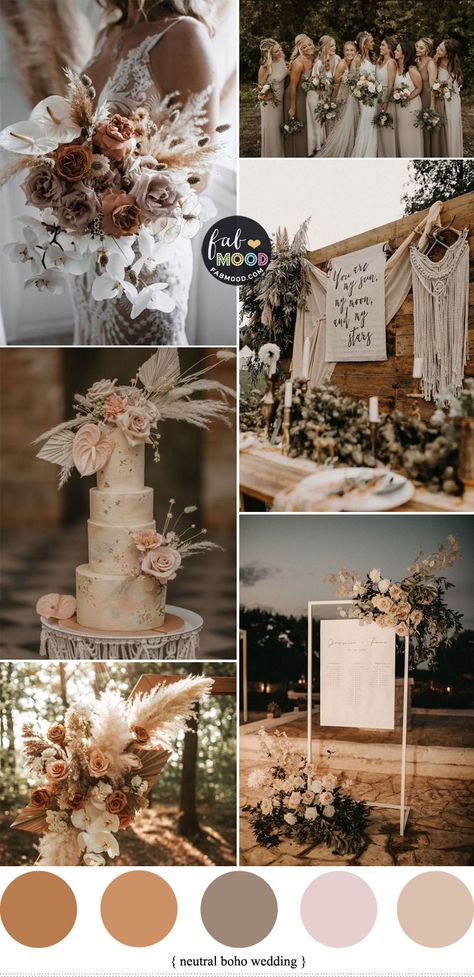 Taupe Theme Wedding, Neutral Pallet Wedding, Ivory Color Palette Wedding, Boho Wedding Colour Scheme, Brown Tone Wedding Theme, Plum Boho Wedding, Copper And Beige Wedding, Mocha Wedding Dress Color Schemes, Timeless Wedding Colour Palettes