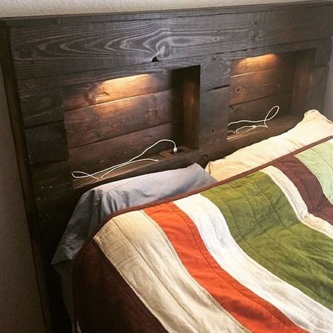 DIY Bed Frames - Reconditioned/Certified - Pallet queen headboard that was handmade, stained, and sealed. Has wiring for outlets that have 2 plugs as well as USB ports. Has led touch lights as well. Selling for $400 or best offer. Very heavy and made from quality pallet wood. See More at... Bed Lights Headboard, Pallet Woodworking, Headboard Inspiration, Diy Wood Headboard, Minimalist Dekor, Pallet Headboard, Headboard With Lights, Diy Bed Frame, Diy Headboards