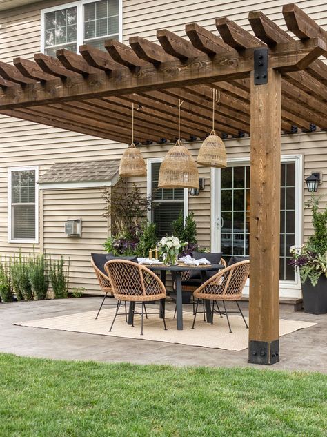 Backyard Dining Area, Backyard Dining, Pergola Diy, Patio Pergola, Stamped Concrete Patio, Patio Inspiration, Outdoor Kitchen Patio, Backyard Remodel, Patio Furniture Ideas