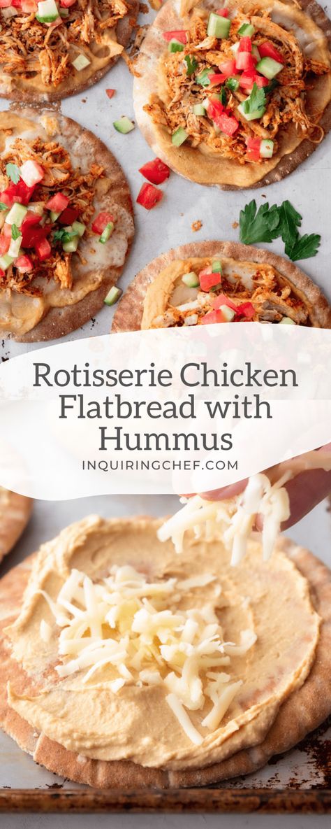 Rotisserie Chicken Flatbread is fast, easy, and prepared on a single sheet pan. With hummus, melted cheese, and fresh toppings, this delicious meal is a weeknight dinner star. Chicken Enchilada Pasta, Flatbread Pizza Recipes, Star Pizza, Chicken Flatbread, Chicken Pita, Tzatziki Recipes, Easy Chicken Parmesan, Plant Based Recipes Easy, Crispy Chickpeas