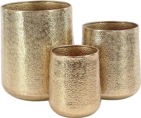 Amazon.com: Deco 79 Aluminum Indoor Outdoor Planter with Hammered Design, Set of 3 20", 15", 13"H, Gold : Patio, Lawn & Garden Deco Living, Iron Planters, Indoor Outdoor Planter, Brass Planter, Planter Design, Outdoor Planter, Decorative Planters, Garden Items, Large Pots