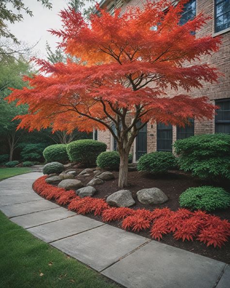 Got a small front yard? Japanese Inspired Front Yard Landscaping, Front Yard Landscaping With Japanese Maple, Small Japanese Maple Tree Landscape, Small Japanese Garden Ideas Front Yards, Japanese Maple Front Yard, Simple Front House Landscaping, Landscaping With Birch Trees, Landscape Ideas For Front Of House, Japanese Walkway