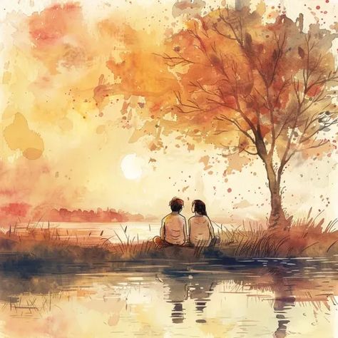 ↑↑↑ Larger size on website 🔸 A watercolor painting depicts a couple sitting by a lake, with a large tree behind them. The tree ha 🔸 From Midjourney AI Image Watercolour Painting, Couple Sitting, Large Tree, Cute Paintings, Romantic Moments, Yellow Leaves, Autumn Landscape, The Tree, Watercolor Painting