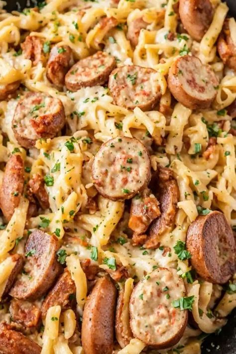 RecipesMoms.Com Easy Cajun Pasta With Sausage, Smoked Sausage Cajun Alfredo, Cajun Sausage Recipe, Cajun Alfredo Recipe, Smoked Pasta, Sausage Pasta Dinner, Smoked Sausage Recipes Pasta, Sausage Alfredo Pasta, Cajun Alfredo