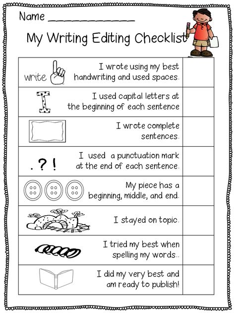 This is part of the free editing set from First Grade Wow. For kindergarten, I use it to show what they can do (smiley face in the check box) and what their newest personal challenge is (I highlight the check box). They keep it in their writing folders. It helps differentiate learning and gives each student focus. There are many other useful pages in the packet, too. All free! Editing Worksheets, Editing Checklist, Second Grade Writing, Writing Editing, Writing Folders, Writing Checklist, 3rd Grade Writing, 2nd Grade Writing, Ela Writing