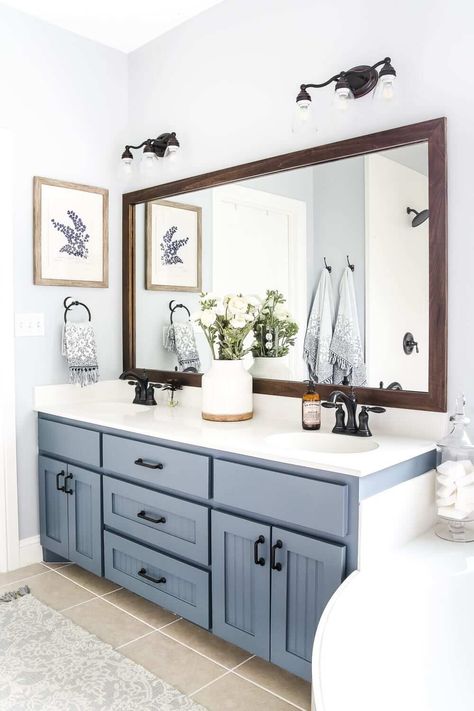 bathroom with Sherwin Williams Slate Tile painted vanity and farmhouse framed mirror Rustic Master Bath, Small Farmhouse Bathroom, Farmhouse Bathroom Design, Farmhouse Bathroom Decor Ideas, Bathroom Makeovers, Farmhouse Bathroom Vanity, Bad Inspiration, Modern Farmhouse Bathroom, Farmhouse Bathroom Decor