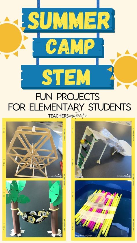 Summer Camp STEM- fun projects for elementary students. Check this post for ideas to keep those summer camp kids busy and engaged! Summer Stem Projects, Projects For Elementary Students, Summer Stem Activities, Stem Summer Camp, Math Camp, Stem Camp, Elementary Stem Activities, Summer Stem, Stem Projects For Kids