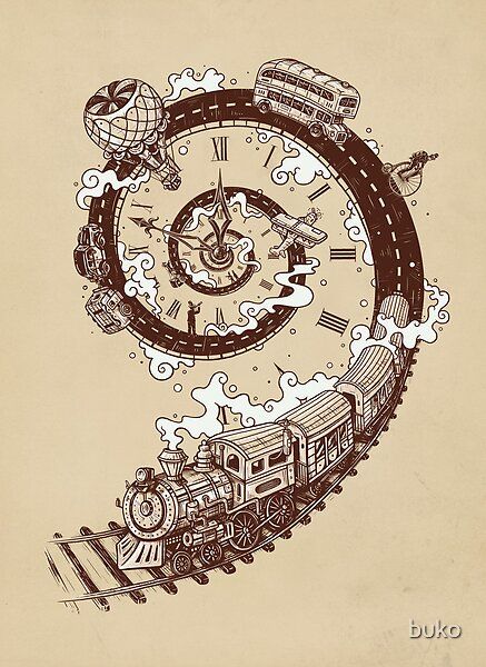 Time Travel Art, Train Tattoo, Fleurs Art Nouveau, Marquesan Tattoos, Travel Art Print, Travel Drawing, Clock Tattoo, Skeleton Watches, Clock Art