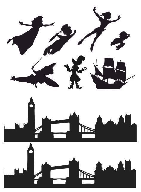 London Skyline Silhouette, Peter Pan Cakes, Peter Pan Silhouette, Disney Themed Classroom, Silhouette Disney, Peter Pan Wendy, Peter Pan Nursery, Peter Pan Party, Disney Silhouette