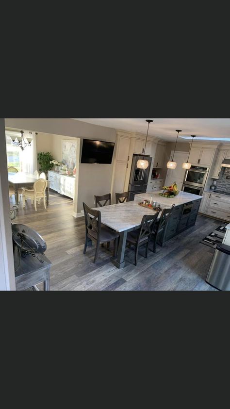 Island With Breakfast Table, Two Level Island With Seating, Multi Level Kitchen Island With Seating, Kitchen Island Addition Ideas, Kitchen With Table And Island, Island With Lower Table Attached, Kitchen Island Ideas 6 Seats, Kitchen Island With Lower Table, Two Level Kitchen Island Ideas