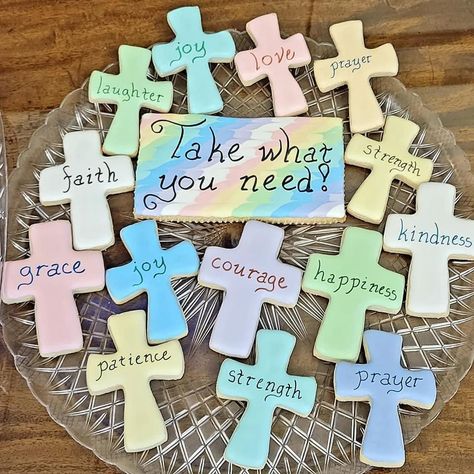 Christian Cupcakes Ideas, Christian Party Decorations, Just Because Cookies Decorated, Bible Verse Cookies, Church Cookies Decorated, Christian Desserts, Christian Cookies, Scripture Treats, Scripture Cookies