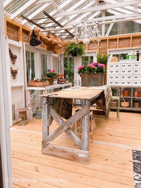 She Shed Greenhouse, Garden Shed Interiors, She Shed Decor, Shed Decor, Shed Interior, Rustic Ladder, Rustic Planters, Porch Doors, Backyard Greenhouse