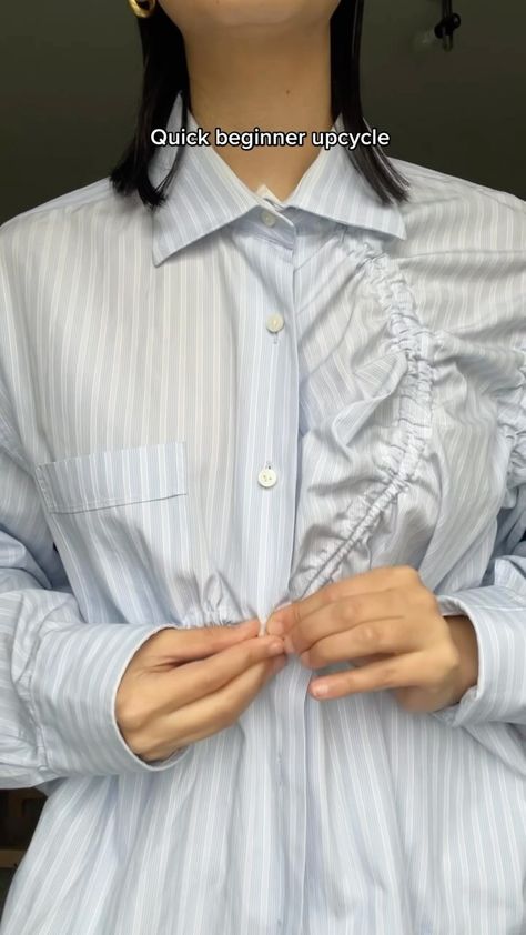 🅿️ | diy rouched dress shirt upcycle #thriftflip #sewing #diyfashion #fashiondesigner #upcycling | Instagram Upcycling, Couture, Shirt Deconstruction Fashion, Upcycle Dress Shirt, Mens Sewing Projects, Upcycle Shirt Ideas, Upcycle Mens Dress Shirt For Women, Button Down Upcycle, Upcycled Shirts Diy Ideas