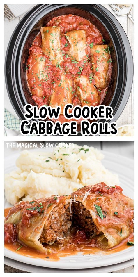 If you've been intimidated by the thought of making crock pot cabbage rolls, you're in the right place. This Slow Cooker Cabbage Rolls recipe is easy to follow and at the end of the day, you'll have a tasty meal on the dinner table. - The Magical Slow Cooker Cabbage Rolls Polish, Slow Cooker Cabbage, Slow Cooker Cabbage Rolls, Easy Cabbage Rolls, Recipes Sauces, Crock Meals, Slow Cooker Chicken Healthy, Vegetarian Slow Cooker Recipes, The Magical Slow Cooker