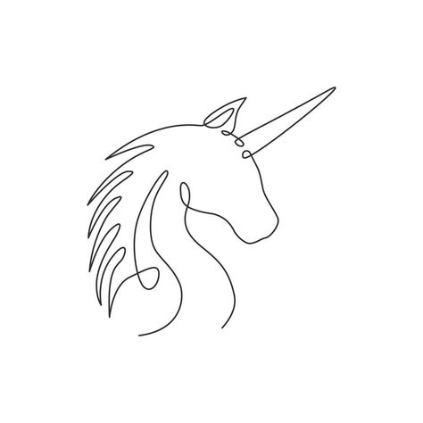 Single continuous line drawing of beautiful unicorn head for corporate logo identity. Kids cute fantasy imagination creature concept for textile fashion print. Trendy one line draw design illustration Unicorn Line Drawing Simple, One Line Unicorn Tattoo, Unicorn Line Art Tattoo, Simple Unicorn Tattoo Outline, Line Art Unicorn, Small Unicorn Tattoo For Women, Minimalist Unicorn Tattoo, Unicorn Line Tattoo, Fine Line Unicorn Tattoo