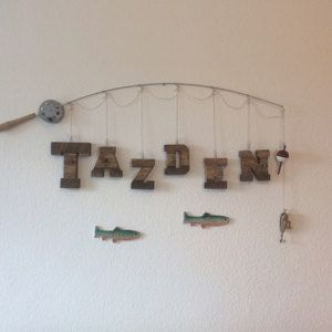 Fish Nursery Theme, Boys Fishing Room, Fishing Themed Bedroom, Boys Fishing Bedroom, Fishing Nursery Theme, Fishing Bedroom, Pallet Letters, Fisherman Art, Baby Shower Fishing