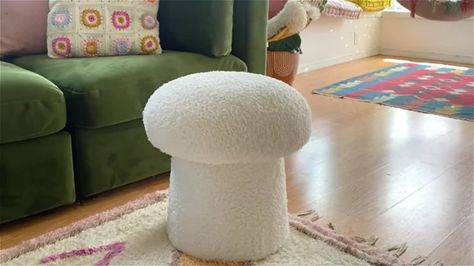 This DIY Mushroom Ottoman Isn't Just Cute, It's Functional Too How To Make A Mushroom Stool, Mushroom Ottoman Diy, Diy Mushroom Stool, Storage Ottoman Diy, Mushroom Living Room, Mushroom Footstool, Mushroom Ottoman, Mushroom Storage, Plush Mushroom