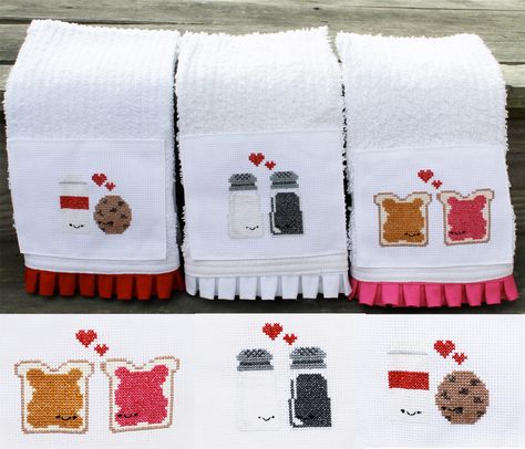 cute cross stitched dish towels - love the pb <3 Everything Cross Stitch, Cross Stitch Kitchen, Cross Stitch For Kids, Cute Cross Stitch, Cross Stitch Funny, Towel Pattern, Crochet Cross, Sewing Leather, Cross Stitch Charts