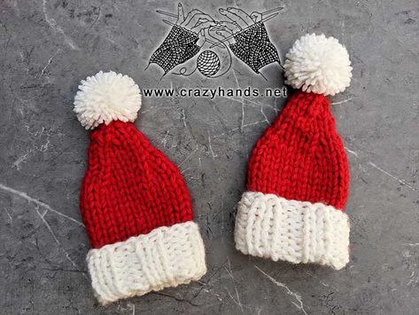 Knit Mini Santa Hat, Mini Knitted Hat Pattern, Small Santa Hats, Santa Hats Diy, Christmas Hats Ideas, Yarn Hat Ornaments, Christmas Tree Topper Hat, Mini Santa Hat, Hat Ornaments