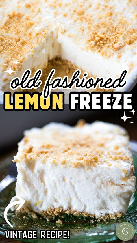 slice of lemon freeze and pan full of lemon freeze in pictures Frozen Lemonade Dessert, Frozen Lemon Dessert Recipes, Lemon Fluff Bars, Frozen Lemon Mousse, No Bake Frozen Desserts, Lemon Ice Cream Cake Recipe, Instant Lemon Pudding Dessert, Lemon Freeze Dessert, Fresh Lemon Recipes Desserts