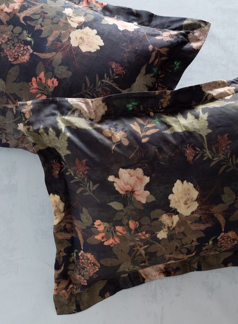 Layered Collage, Chinese Scroll, Dark Bedroom, Black Blush, Peruvian Connection, Floral Duvet, Striped Sheets, Size King, Flowering Vines