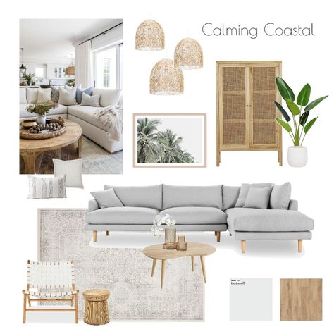 Coastal Chic Living Room, Modern Coastal Living Room, Lounge Room Styling, Coastal Interior Design, Living Interior Design, Design Mood Board, Beach House Living Room, Boho Chic Living Room, Coastal Interior