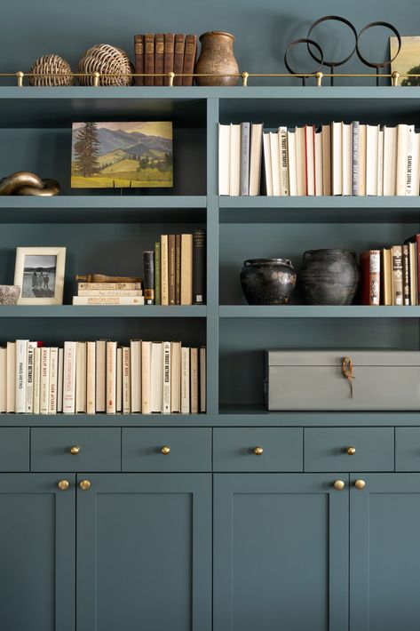 Studio Mcgee Library, Studio Mcgee Bookshelves, Painted Built Ins, Painted Bookshelves, Blue Green Paints, The Shade Store, Teal Paint, Room Library, Color Board