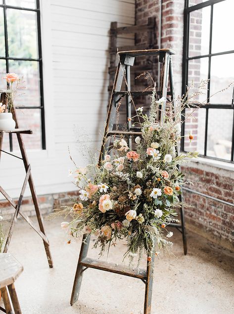 Antique ladder with pastel floral installation. Floral Table Decor, Wedding Luncheon, Nashville Bride, Floral Installation, Bridal Luncheon, Bride Guide, Table Decor Ideas, Floral Table, Budget Fashion