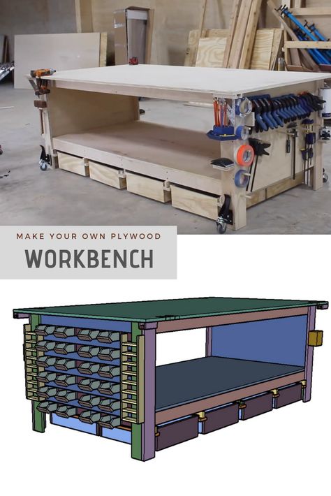 Plywood Workbench, Workbench With Storage, Workbench Organization, Portable Workbench, Workbench Plans Diy, Workshop Layout, Woodworking Bench Plans, Diy Workbench, Workbench Plans