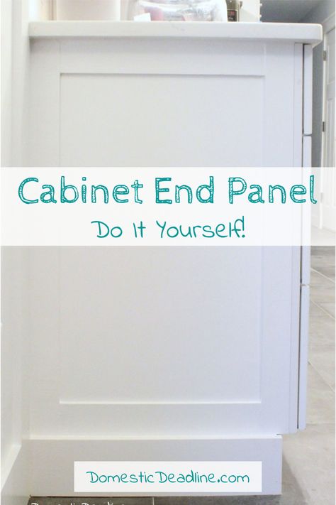 Learn my cost-effective solution to customize kitchen cabinets for my farmhouse fixer upper kitchen, DIY cabinet end panels finish the look www.domesticdeadline.com How To Update Flat Kitchen Cabinets, Cabinet Side Panel Ideas, Diy Upper Kitchen Cabinets, Kitchen Island Panels, Kitchen Cabinets Trim, Kitchen Cabinets End Panels, Cabinet End Panel, Finish Basement, Modern Industrial Home