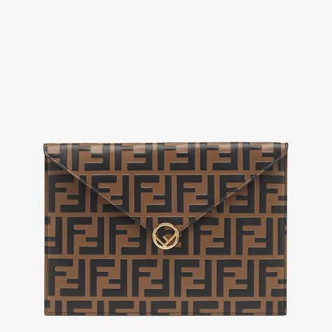 Flat Pouch - Brown leather pouch | Fendi Envelope Pouch, Fendi Store, Ff Logo, Flat Pouch, Sheep Leather, Exclusive Gift, Capsule Collection, Leather Pouch, Italian Fashion