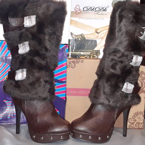 Chocolate Stiletto Brown Pu Faux Fur Boots Chocolate Knee High Boots Rounded Toe Faux Fur Fur Heel Boots, High Heel Cowboy Boots, Stunning Heels, Fur Heels, Tan Ankle Boots, Cute Shoes Heels, Womens Riding Boots, Brown Leather Heels, Leather Western Boots