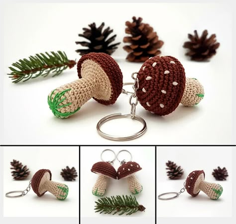 Crochet Keychain Mushroom, Crochet Keychain Charms, Crochet Keyring Ideas, Crochet Mushroom Backpack, Cute Crochet Keychain Ideas, Brown Crochet Ideas, Mushroom Keychain Crochet, Crochet Witchy Stuff, Flower Keychain Crochet